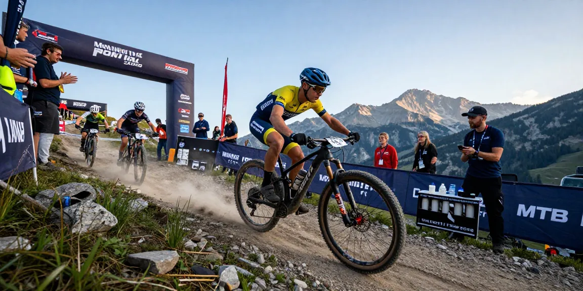 Competitive cyclists competing at the Mondiali MTB 2026, showcasing squadre ciclismo racing on rugged terrain.