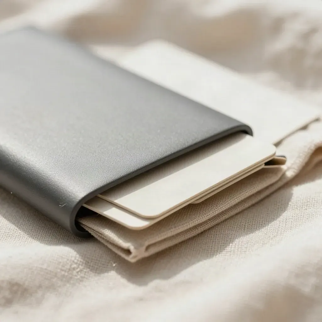 Kit ETF difensivi con sleeve, due carte neutre e tessuto chiaro su lino, luce morbida.