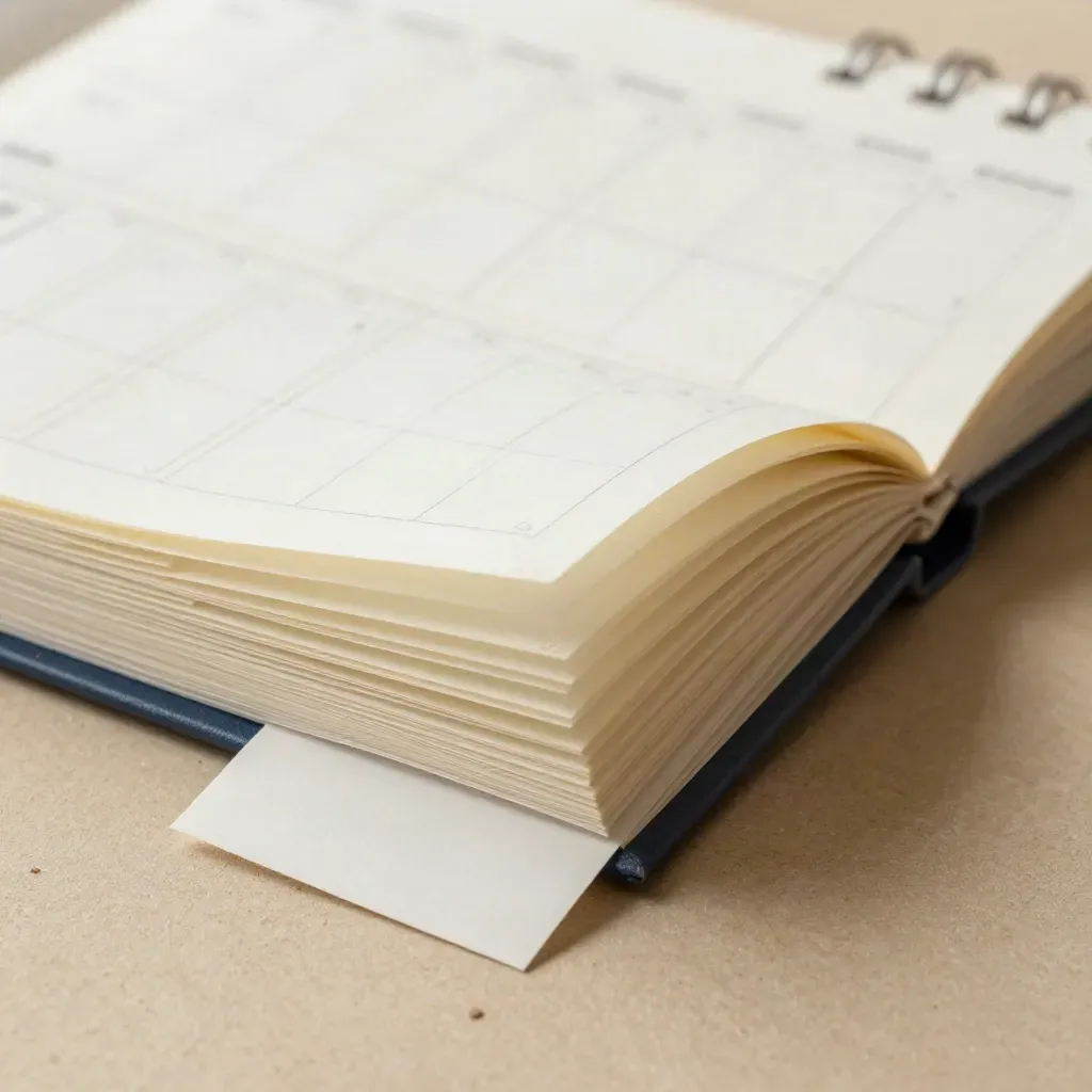 Calendario utili aperto con tab mensili e biglietto piegato su fondo beige