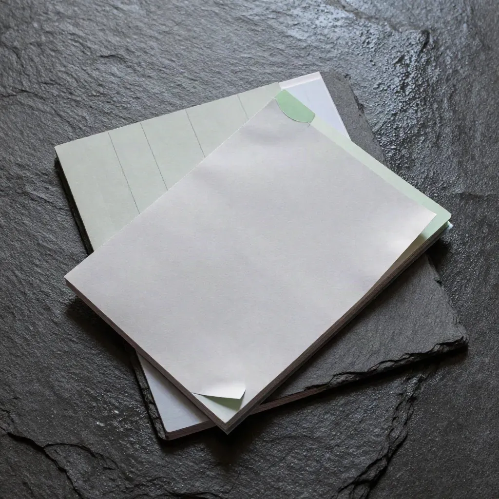 Booklet report grafico con schede staccabili su ardesia bagnata, accento verde e nebbia sottile