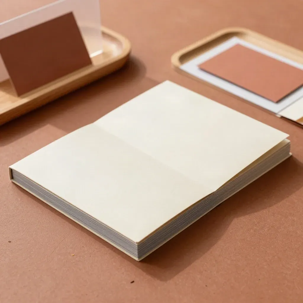 Folder portafoglio con carte e inserto piegato su vassoio in legno chiaro, luce morbida.