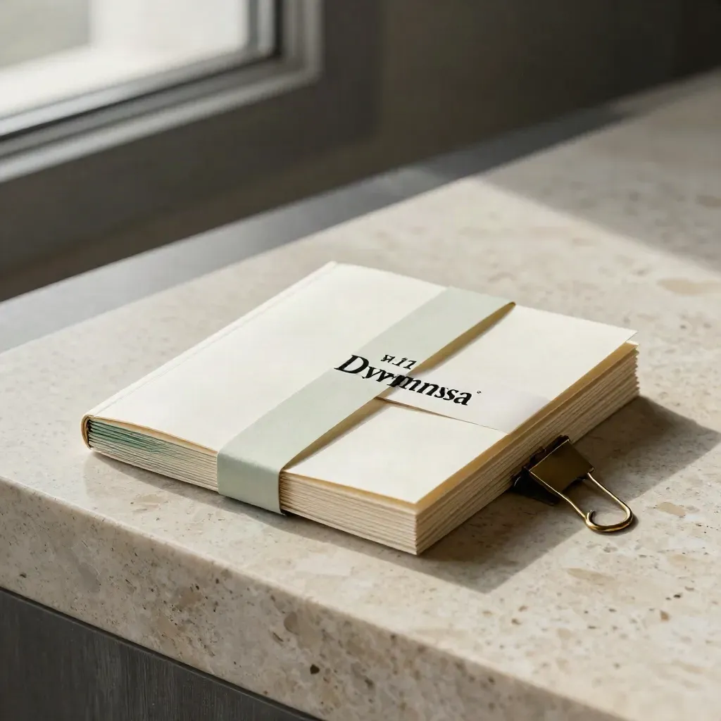 Booklet sui dividendi con bandella, tab separatori e luce morbida su travertino.