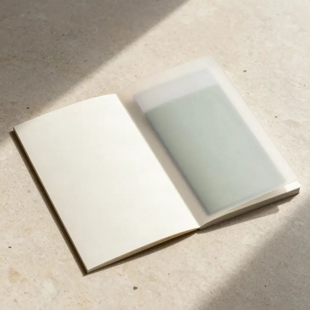 Flat lay di un kit di apertura Borsa con booklet, card piegate e custodia traslucida su travertino.