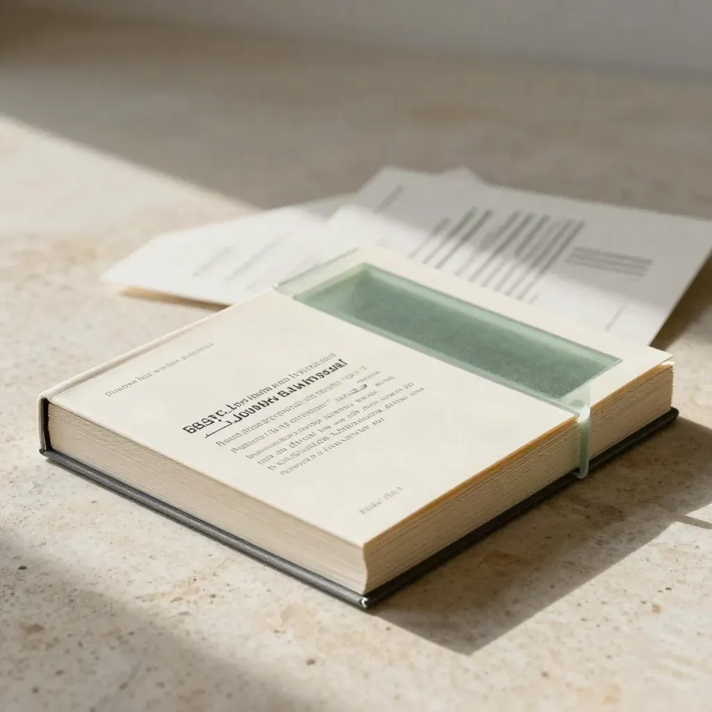 Set corso di analisi tecnica con libretti, schede sovrapposte e divisore traslucido su pietra chiara.
