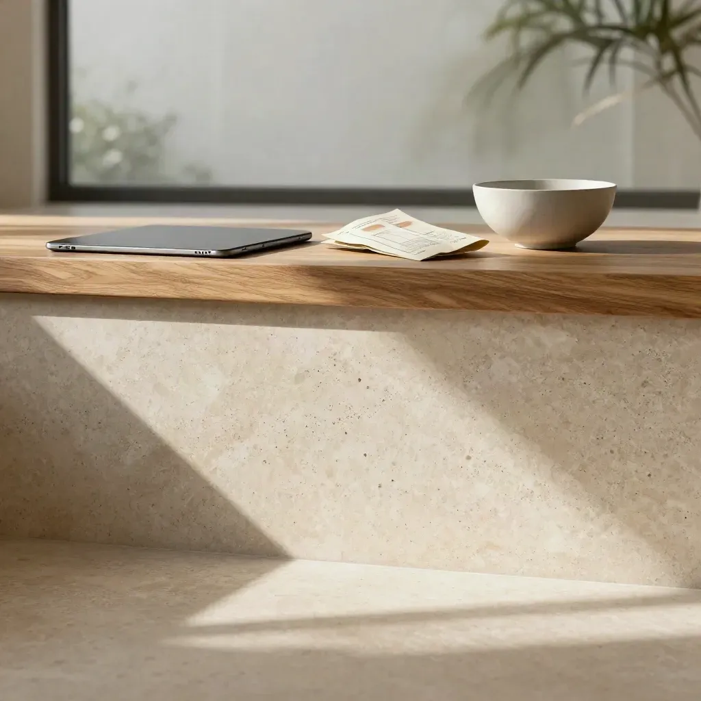 Interno in travertino al sole con mensola in rovere, ombre leggere e spazio vuoto per il titolo.