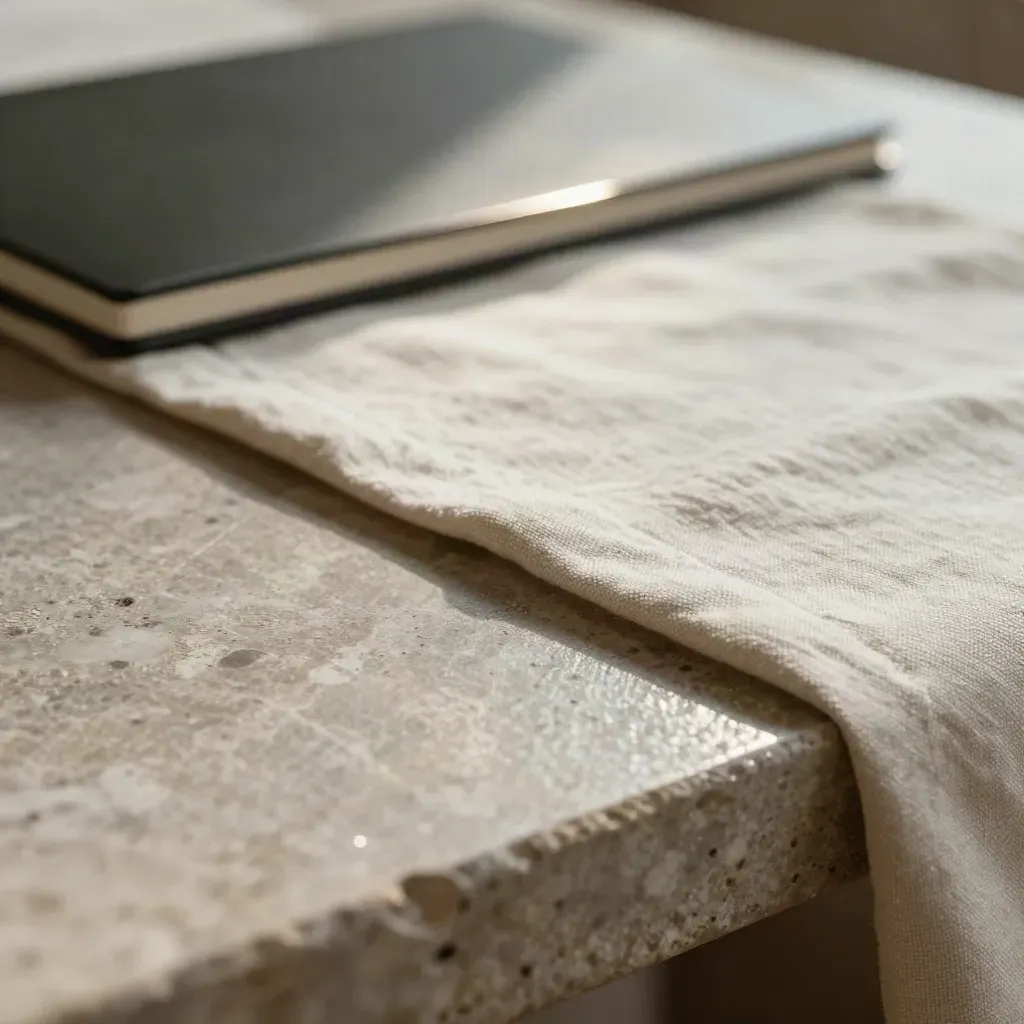 Tavolo in pietra vissuta con lino crema e taccuino sfocato, spazio calmo per il testo.