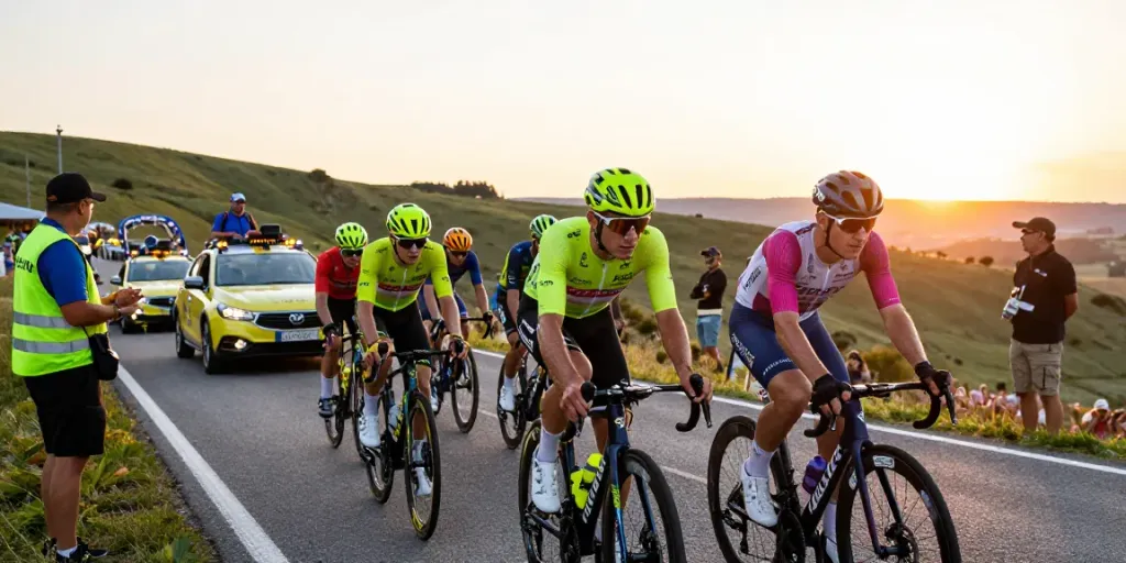 Atleti delle squadre ciclismo in gara su un percorso collinare, determinazione e energia in un'atmosfera di competizione.